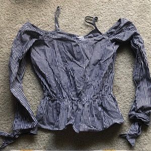 Gingham cold shoulder peplum shirt